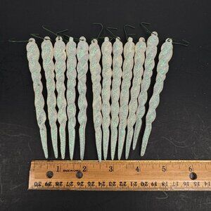 12 Vtg 5inch Hard Plastic Twist Icicle Glitter White Iridescent Ornament Xmas